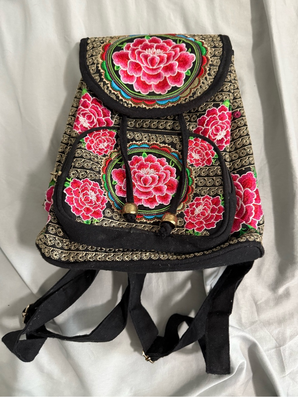 Hand-Embroidered Floral Canvas Backpack - Black & Pink